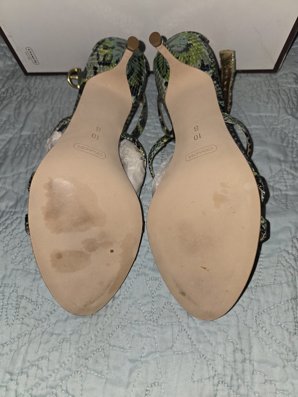 Coach Green Snake-Print Strappy Heels with Gold Insole - Picture 4 of 5